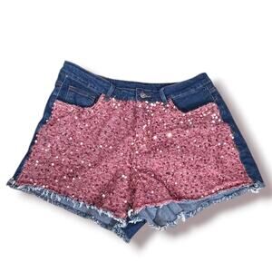 Pink Sequin Denim Cutoff Shorts Plus Size Festival Concert Glam Statement Piece